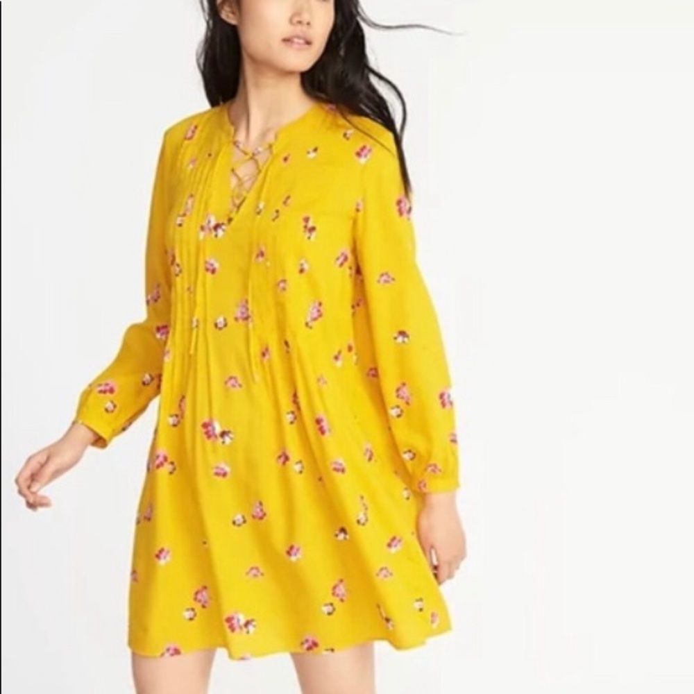 OLD NAVY | Yellow Floral Print Dress Lace Up Sz L